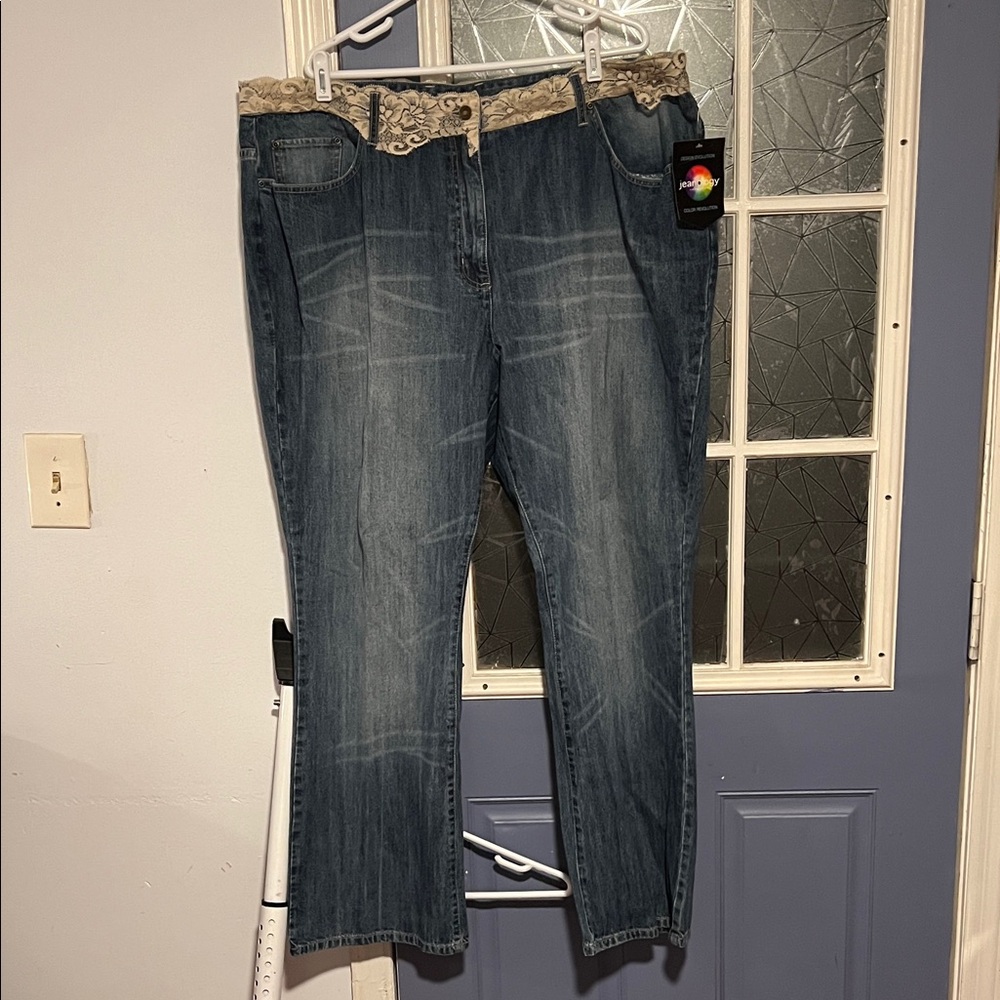 Jeanology Stylish Blue Jeans with Tan Accents size 24w NWT